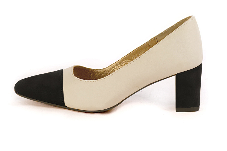 Matt black and champagne white women's dress pumps,with a square neckline. Round toe. Medium block heels. Profile view - Florence KOOIJMAN